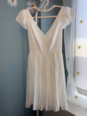 cinq a sept Ivory V-Neck Flutter Sleeve Pleated Mini Dress